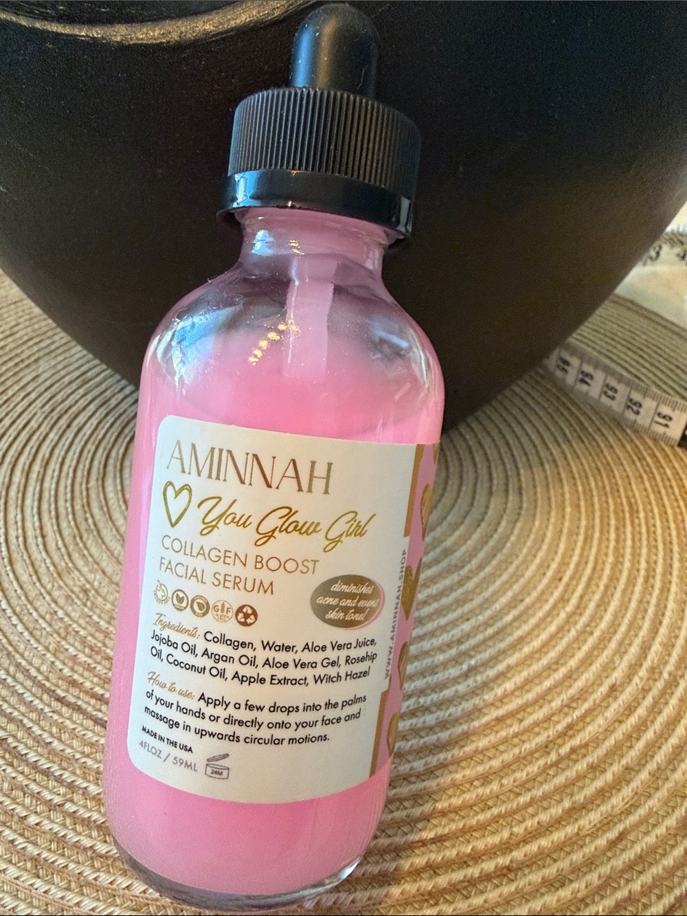 AMINNAH You Glow Girl Collagen Boost Facial Serum Pink in Glass w/Dropper 4 Oz.